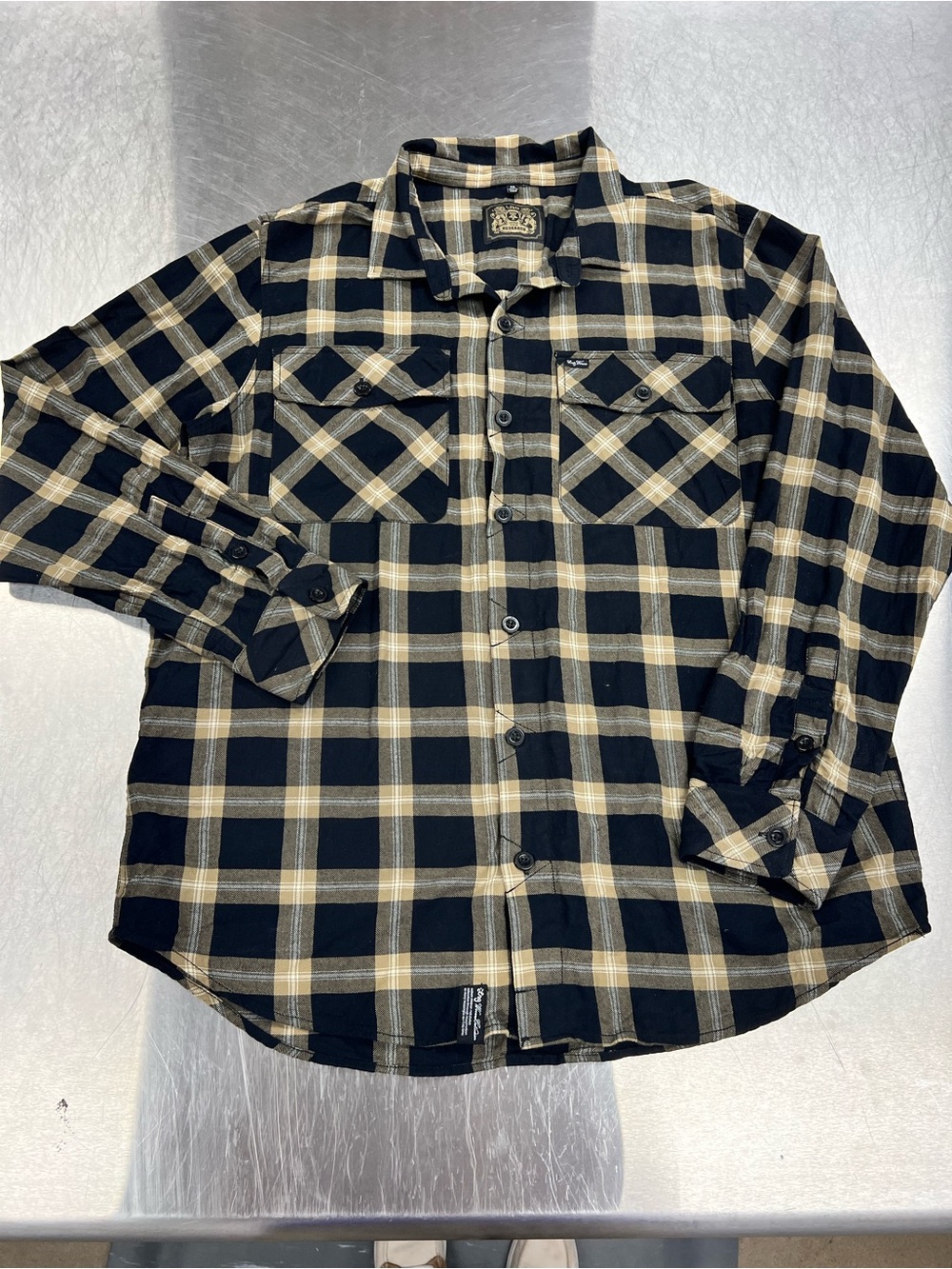 LRG Wovens Collection Black and Tan Plaid Button-Down Shirt Men’s 2XL